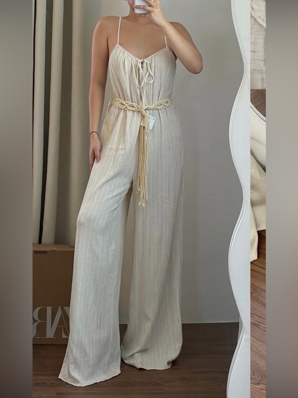 Zara Beige textured Jumpsuit with Braided Belt